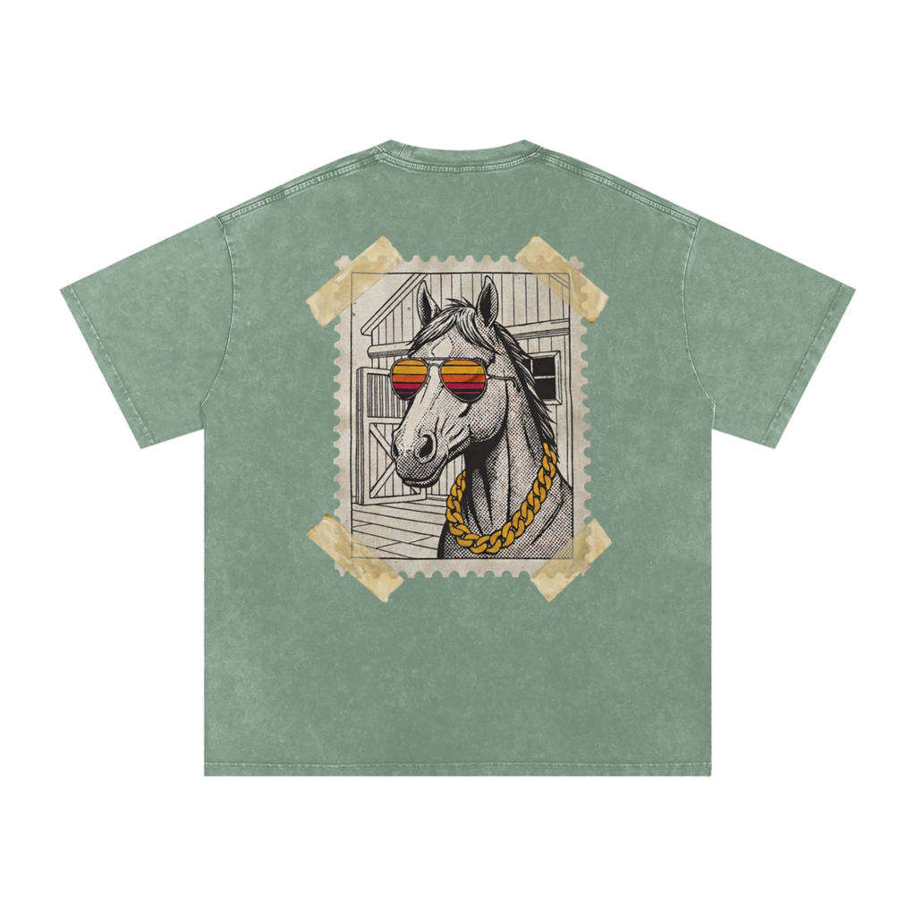 Cool-Horse-Stamp Snow Washed Oversized T-Shirt
