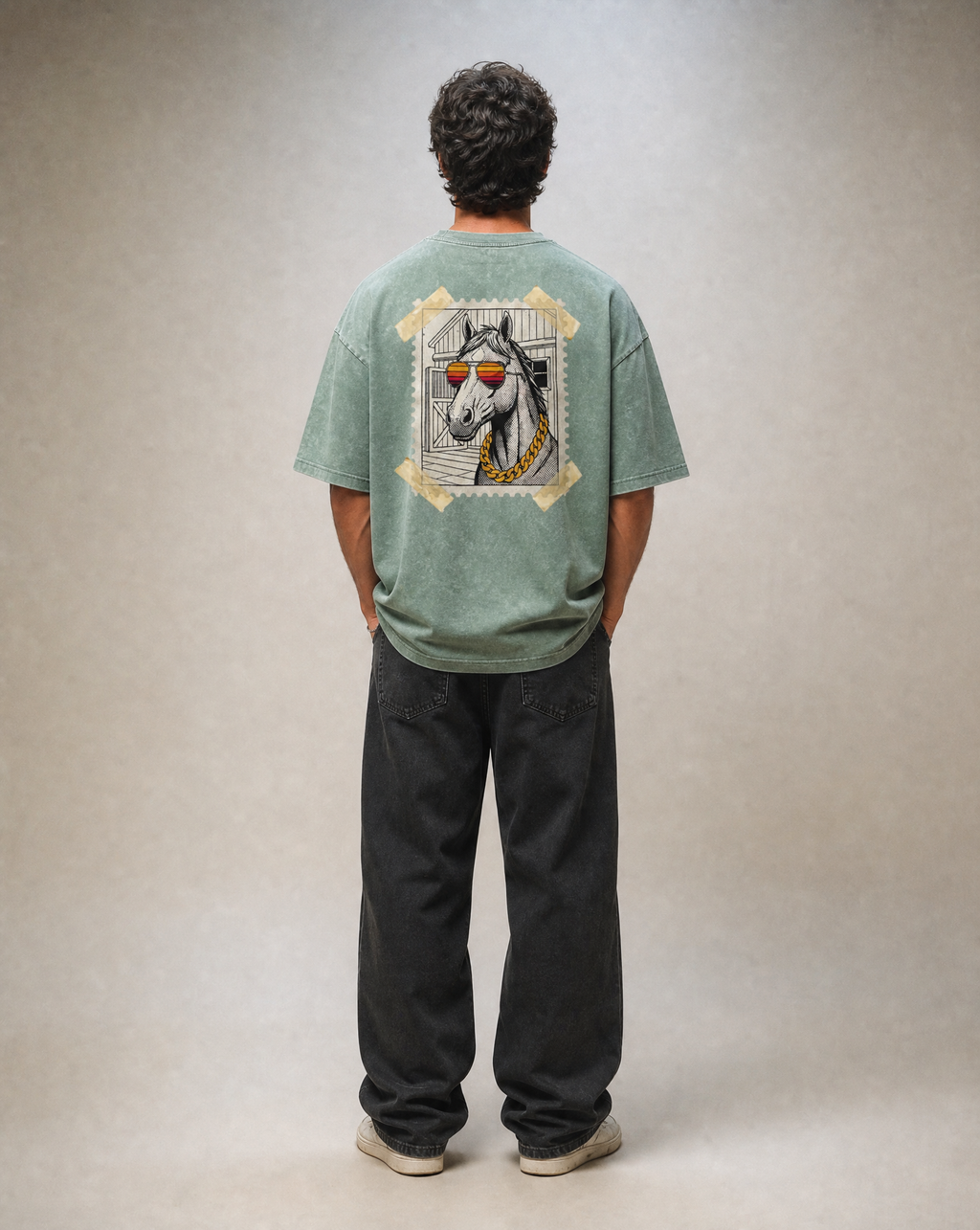 Cool-Horse-Stamp Snow Washed Oversized T-Shirt