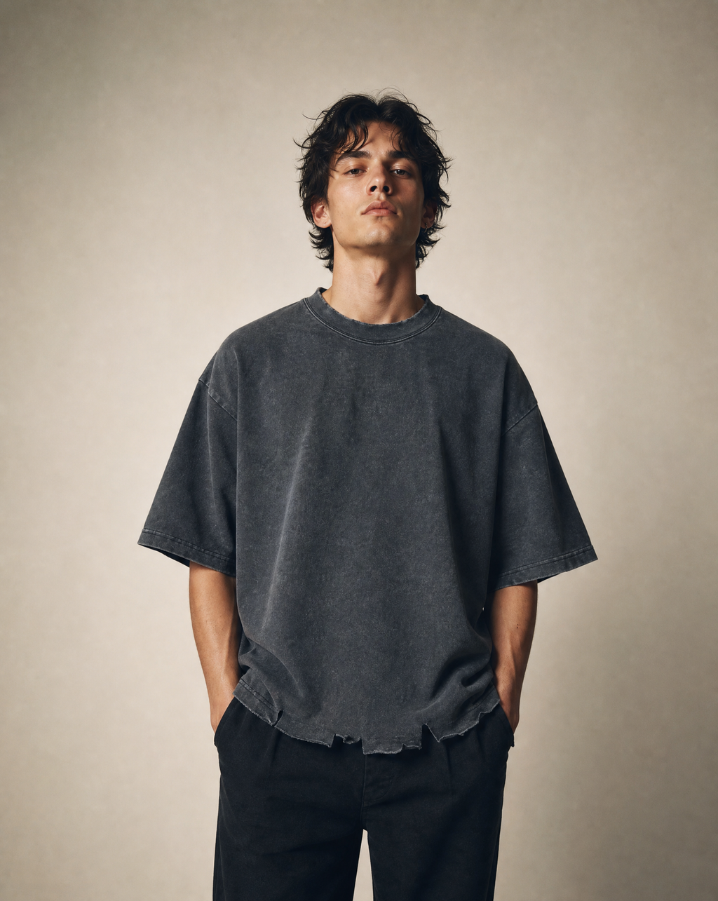 Grey Raw-Hem Oversized T-shirt
